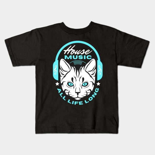 HOUSE MUSIC  - Headphone Cat (Blue) Kids T-Shirt by DISCOTHREADZ 